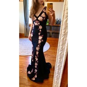 black lace pink floral gown